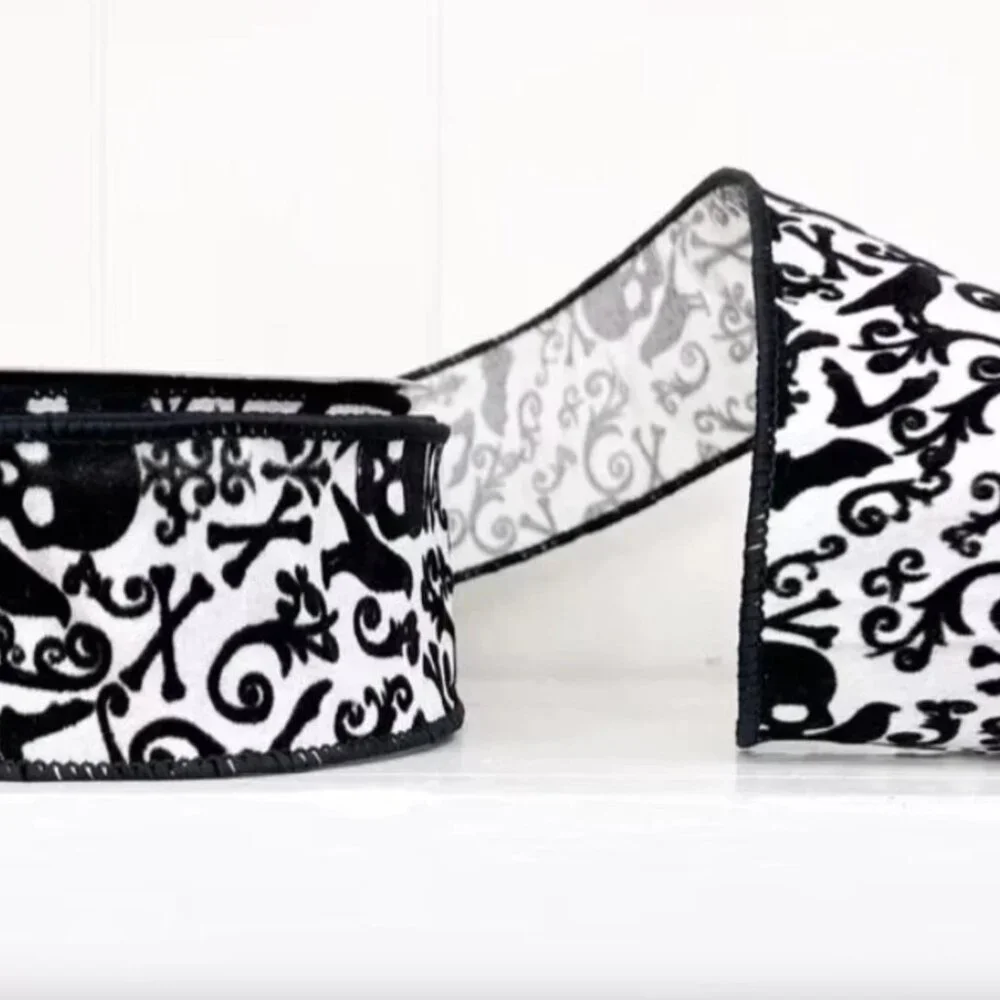 Halloween Black & White Skull, Crow & Cross Bones Flocked Dupioni Ribbon Crafts